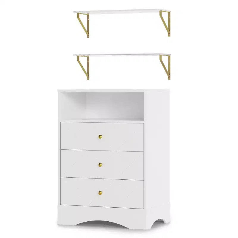 Commode Heynemo avec tiroirs et étagères flottantes, commode 3 tiroirs avec rangement ouvert et finition peinte, pour chambre, dressing, couloir