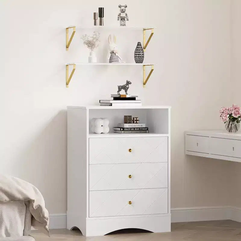 Commode Heynemo avec tiroirs et étagères flottantes, commode 3 tiroirs avec rangement ouvert et finition peinte, pour chambre, dressing, couloir