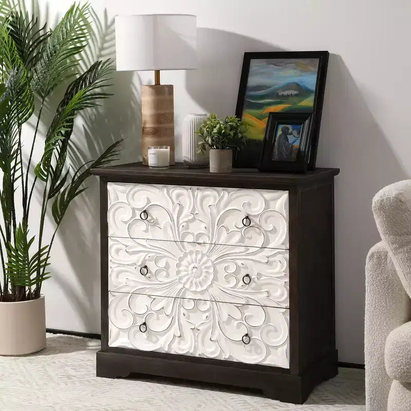 Commode vintage Heynemo à 3 tiroirs, meuble de rangement d'appoint à 3 tiroirs, table de chevet de style ferme avec pieds en forme de gourde, pour chambre à coucher, salon