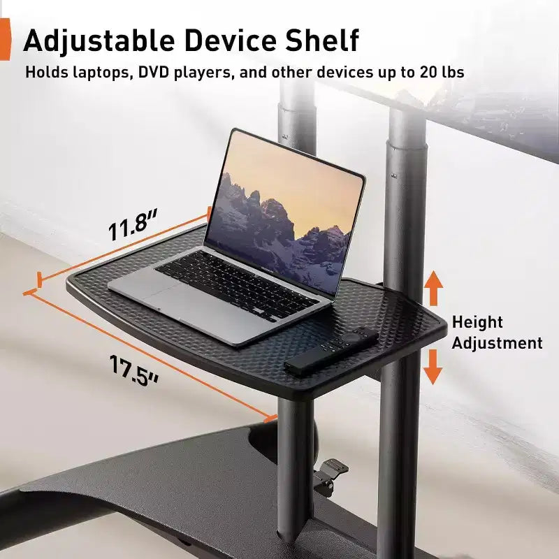 Chariot TV mobile Perlegear pour téléviseurs plats/incurvés de 32 à 80 pouces, support roulant avec étagère réglable en hauteur, VESA max 600x400mm, supporte jusqu'à 45 kg