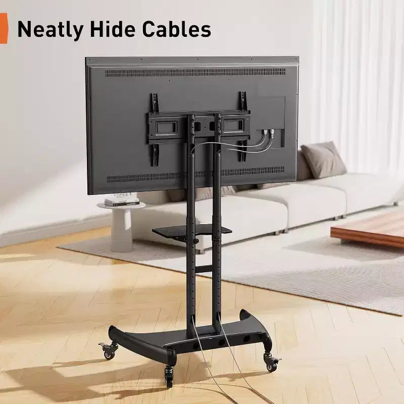 Chariot TV mobile Perlegear pour téléviseurs plats/incurvés de 32 à 80 pouces, support roulant avec étagère réglable en hauteur, VESA max 600x400mm, supporte jusqu'à 45 kg