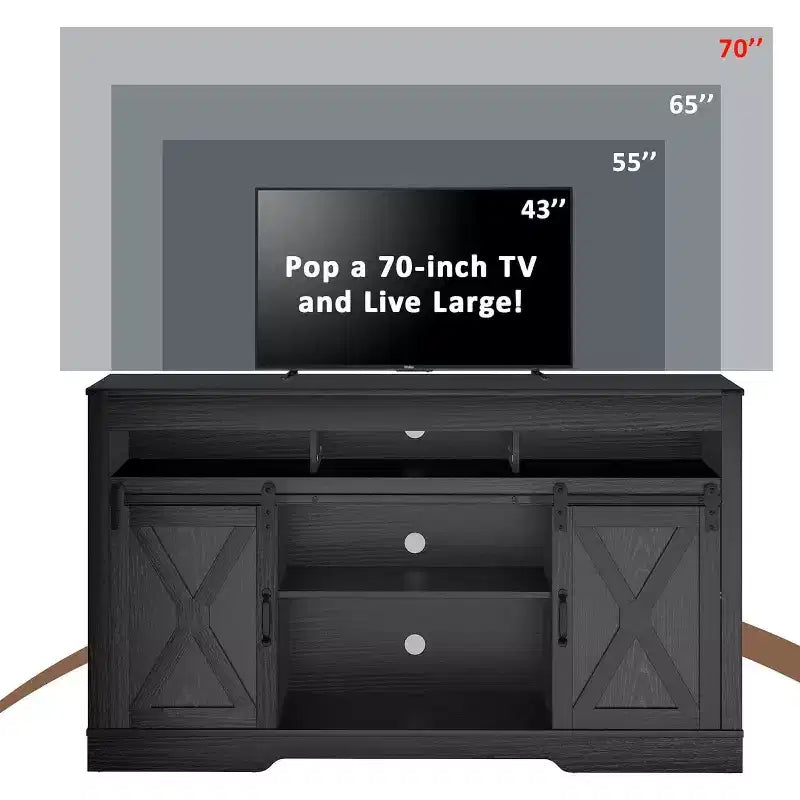 Meuble TV de ferme Heynemo avec porte coulissante pour téléviseurs jusqu'à 65''+, meuble de divertissement de 34 pouces de haut pour chambre à coucher, salon