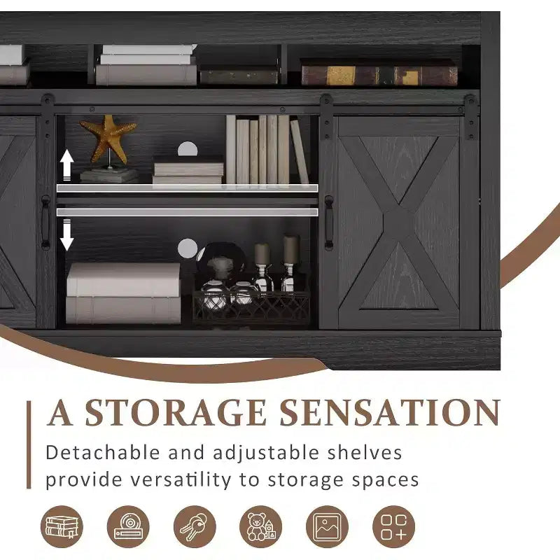 Meuble TV de ferme Heynemo avec porte coulissante pour téléviseurs jusqu'à 65''+, meuble de divertissement de 34 pouces de haut pour chambre à coucher, salon