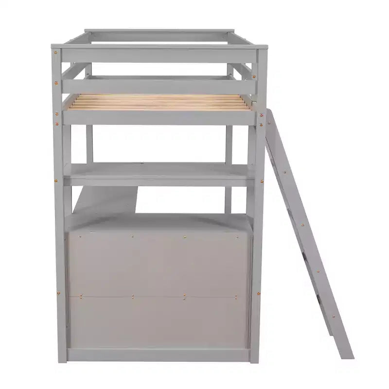 Lit mezzanine en bois Whisen 79,5''L*57,1''W avec bureau, étagères et deux tiroirs intégrés, design multifonctionnel