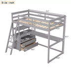Lit mezzanine en bois Whisen 79,5''L*57,1''W avec bureau, étagères et deux tiroirs intégrés, design multifonctionnel