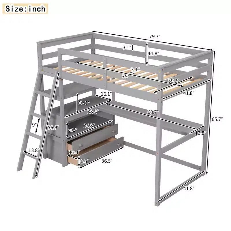 Lit mezzanine en bois Whisen 79,5''L*57,1''W avec bureau, étagères et deux tiroirs intégrés, design multifonctionnel