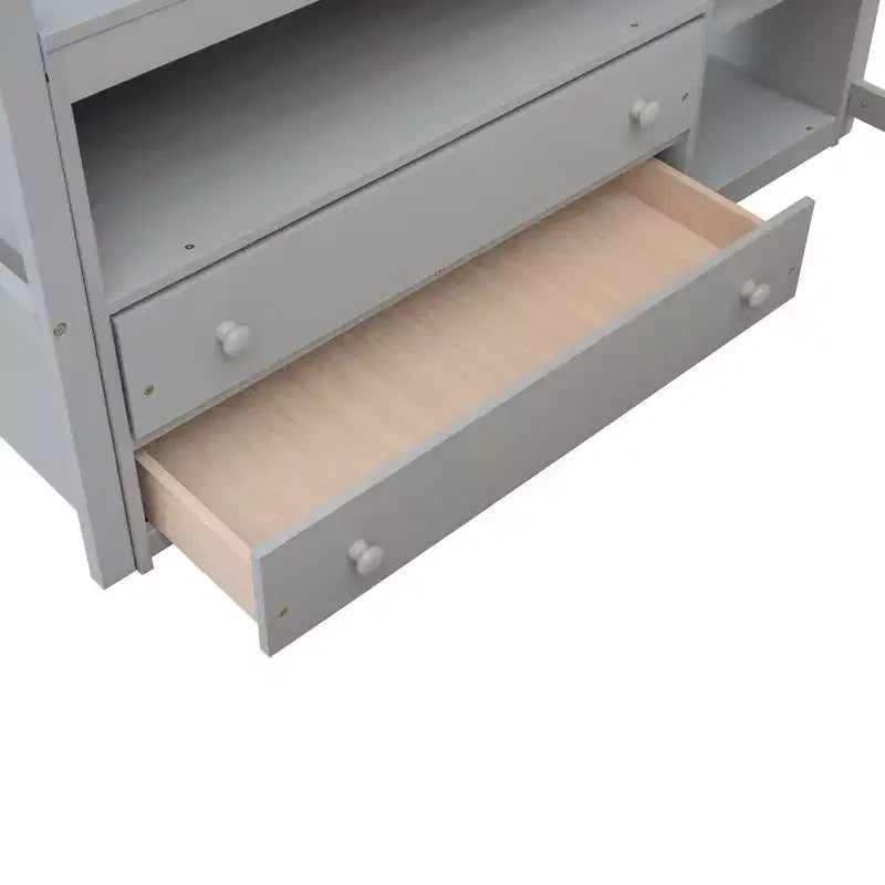 Lit mezzanine en bois Whisen 79,5''L*57,1''W avec bureau, étagères et deux tiroirs intégrés, design multifonctionnel