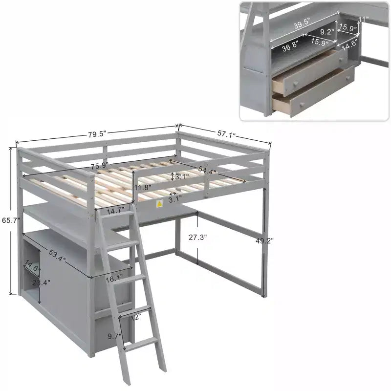Lit mezzanine en bois Whisen 79,5''L*57,1''W avec bureau, étagères et deux tiroirs intégrés, design multifonctionnel