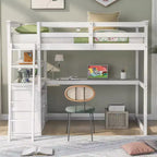 Lit mezzanine en bois Whisen 79,5''L*57,1''W avec bureau, étagères et deux tiroirs intégrés, design multifonctionnel