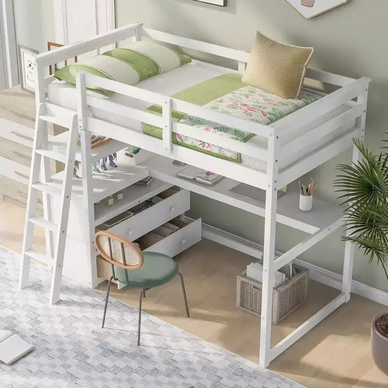 Lit mezzanine en bois Whisen 79,5''L*57,1''W avec bureau, étagères et deux tiroirs intégrés, design multifonctionnel
