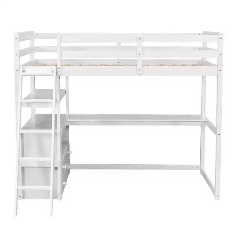 Lit mezzanine en bois Whisen 79,5''L*57,1''W avec bureau, étagères et deux tiroirs intégrés, design multifonctionnel