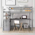 Lit mezzanine en bois Whisen 79,5''L*57,1''W avec bureau, étagères et deux tiroirs intégrés, design multifonctionnel