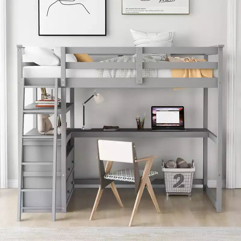 Lit mezzanine en bois Whisen 79,5''L*57,1''W avec bureau, étagères et deux tiroirs intégrés, design multifonctionnel