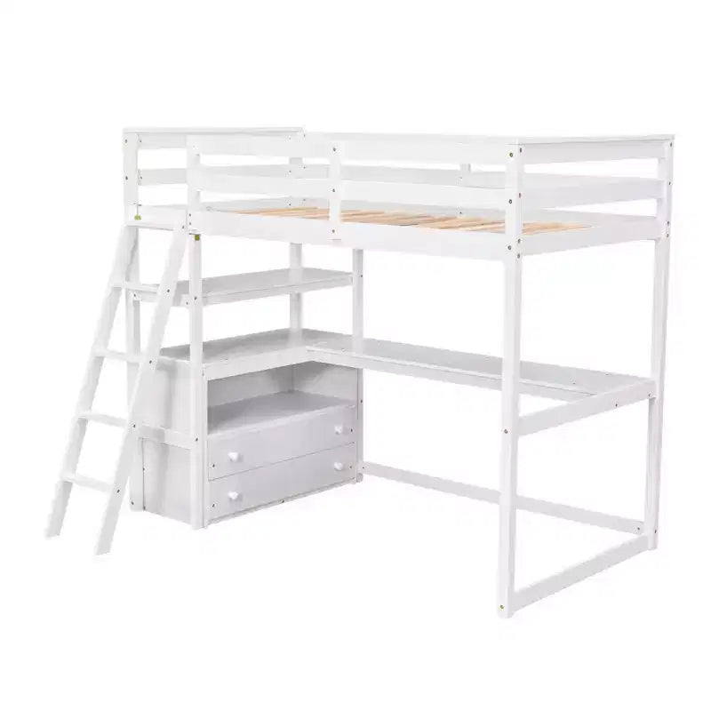 Lit mezzanine en bois Whisen 79,5''L*57,1''W avec bureau, étagères et deux tiroirs intégrés, design multifonctionnel