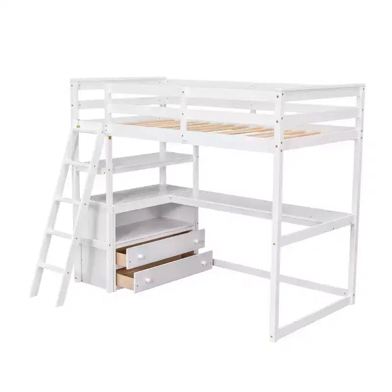 Lit mezzanine en bois Whisen 79,5''L*57,1''W avec bureau, étagères et deux tiroirs intégrés, design multifonctionnel