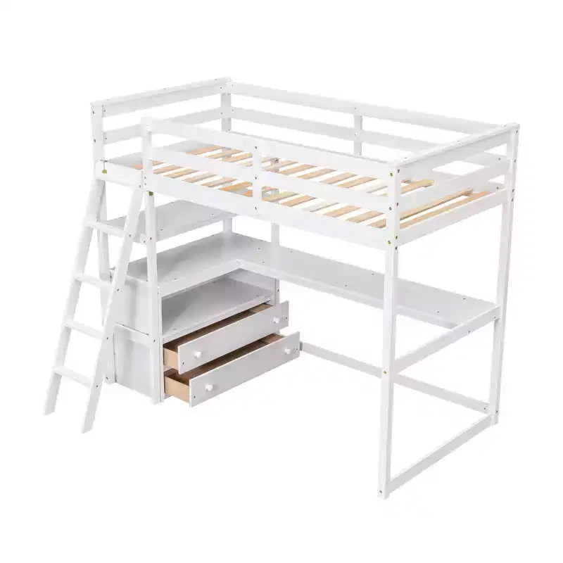 Lit mezzanine en bois Whisen 79,5''L*57,1''W avec bureau, étagères et deux tiroirs intégrés, design multifonctionnel