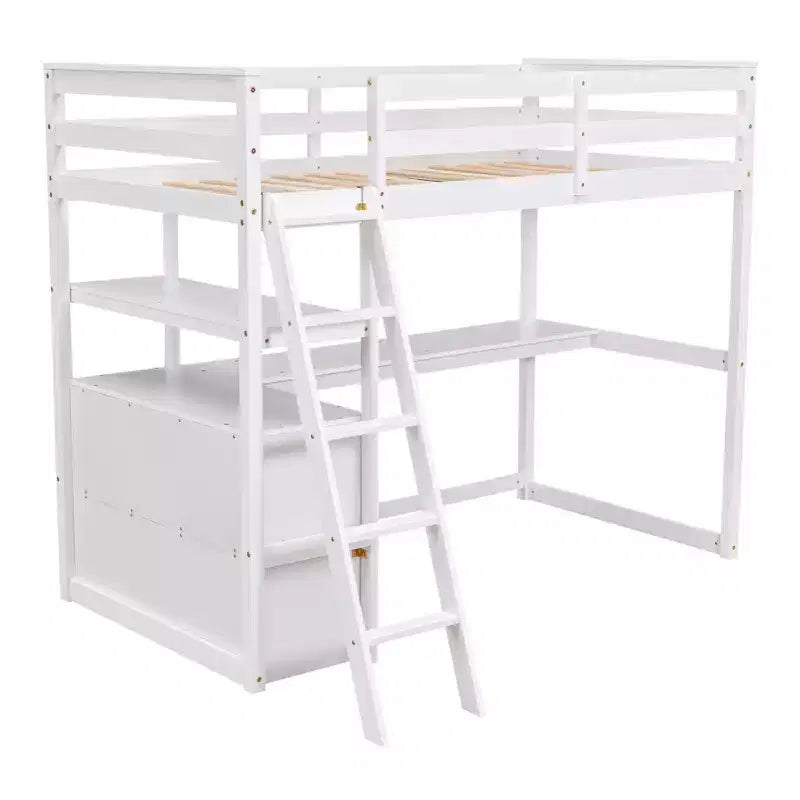 Lit mezzanine en bois Whisen 79,5''L*57,1''W avec bureau, étagères et deux tiroirs intégrés, design multifonctionnel