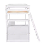 Lit mezzanine en bois Whisen 79,5''L*57,1''W avec bureau, étagères et deux tiroirs intégrés, design multifonctionnel