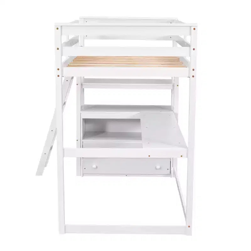 Lit mezzanine en bois Whisen 79,5''L*57,1''W avec bureau, étagères et deux tiroirs intégrés, design multifonctionnel