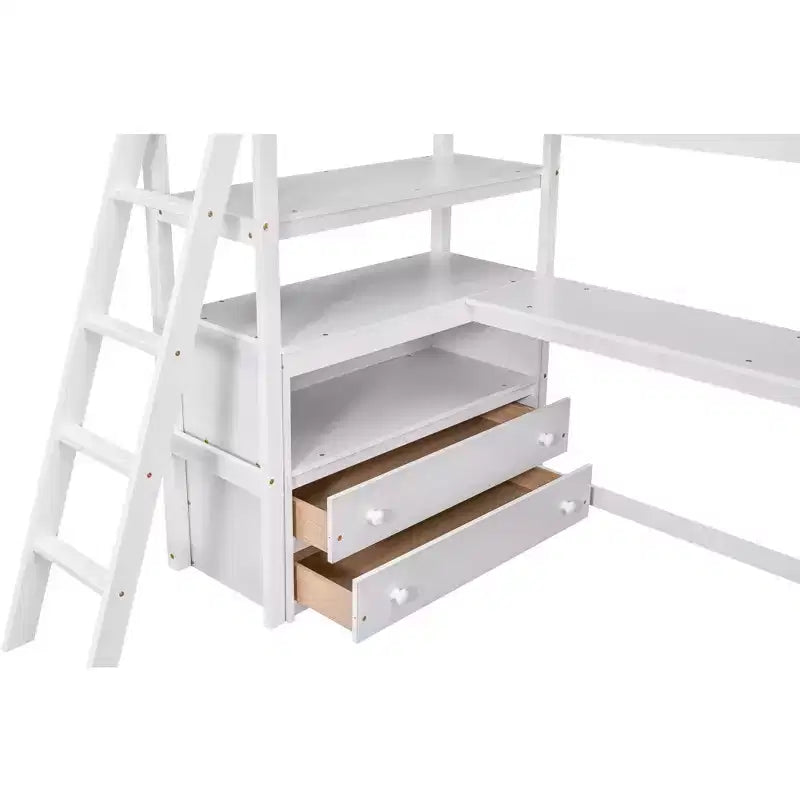 Lit mezzanine en bois Whisen 79,5''L*57,1''W avec bureau, étagères et deux tiroirs intégrés, design multifonctionnel