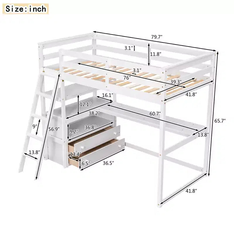 Lit mezzanine en bois Whisen 79,5''L*57,1''W avec bureau, étagères et deux tiroirs intégrés, design multifonctionnel
