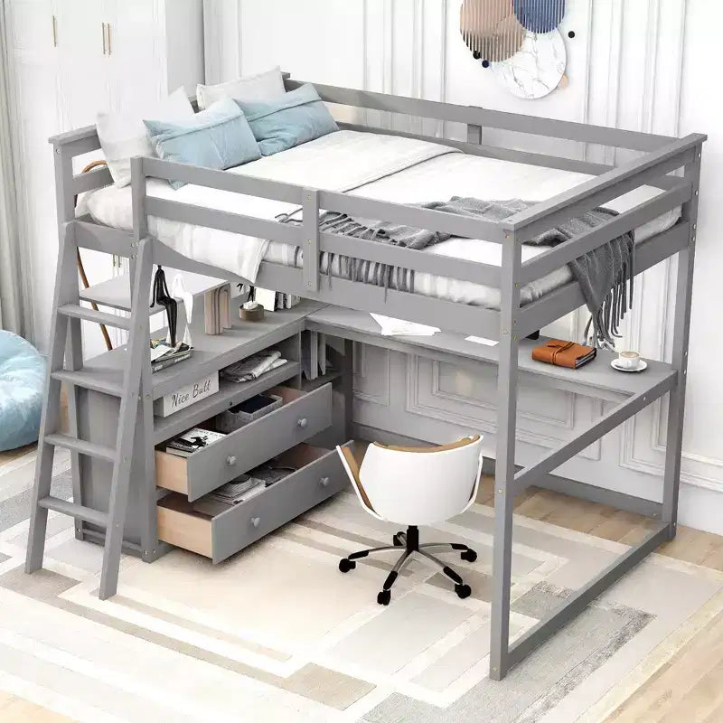 Lit mezzanine en bois Whisen 79,5''L*57,1''W avec bureau, étagères et deux tiroirs intégrés, design multifonctionnel