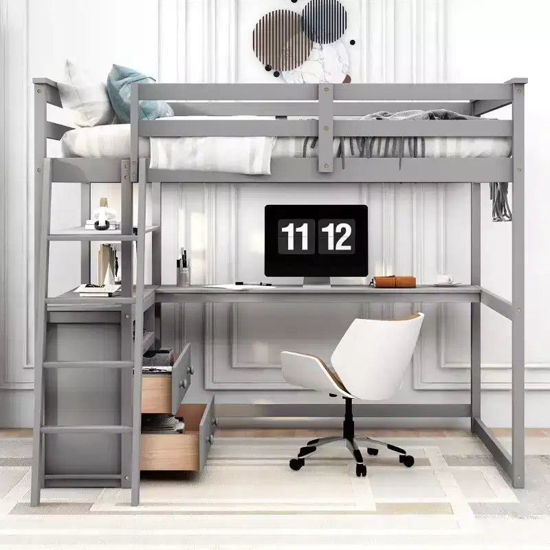 Lit mezzanine en bois Whisen 79,5''L*57,1''W avec bureau, étagères et deux tiroirs intégrés, design multifonctionnel