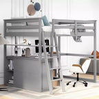 Lit mezzanine en bois Whisen 79,5''L*57,1''W avec bureau, étagères et deux tiroirs intégrés, design multifonctionnel