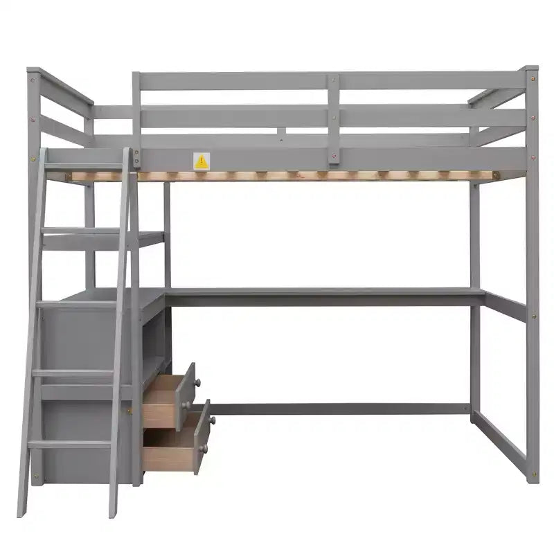 Lit mezzanine en bois Whisen 79,5''L*57,1''W avec bureau, étagères et deux tiroirs intégrés, design multifonctionnel