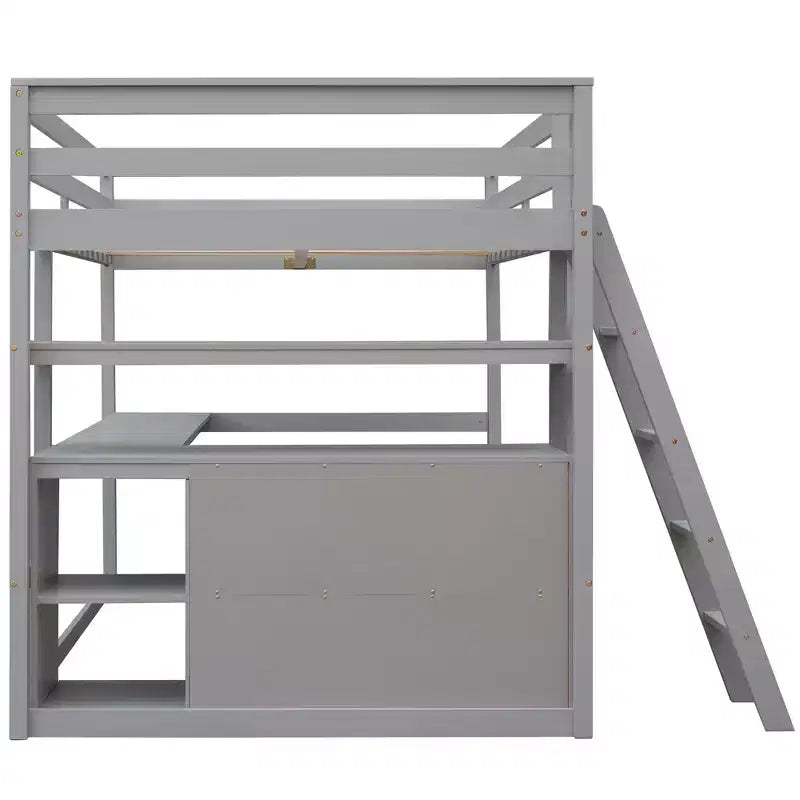 Lit mezzanine en bois Whisen 79,5''L*57,1''W avec bureau, étagères et deux tiroirs intégrés, design multifonctionnel