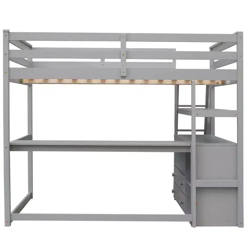 Lit mezzanine en bois Whisen 79,5''L*57,1''W avec bureau, étagères et deux tiroirs intégrés, design multifonctionnel