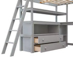 Lit mezzanine en bois Whisen 79,5''L*57,1''W avec bureau, étagères et deux tiroirs intégrés, design multifonctionnel