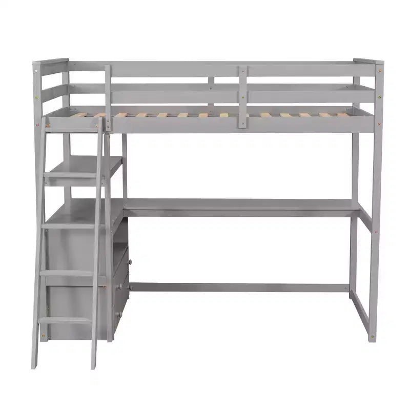 Lit mezzanine en bois Whisen 79,5''L*57,1''W avec bureau, étagères et deux tiroirs intégrés, design multifonctionnel