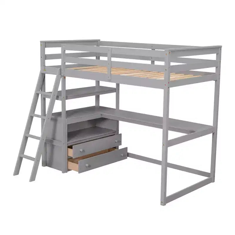 Lit mezzanine en bois Whisen 79,5''L*57,1''W avec bureau, étagères et deux tiroirs intégrés, design multifonctionnel