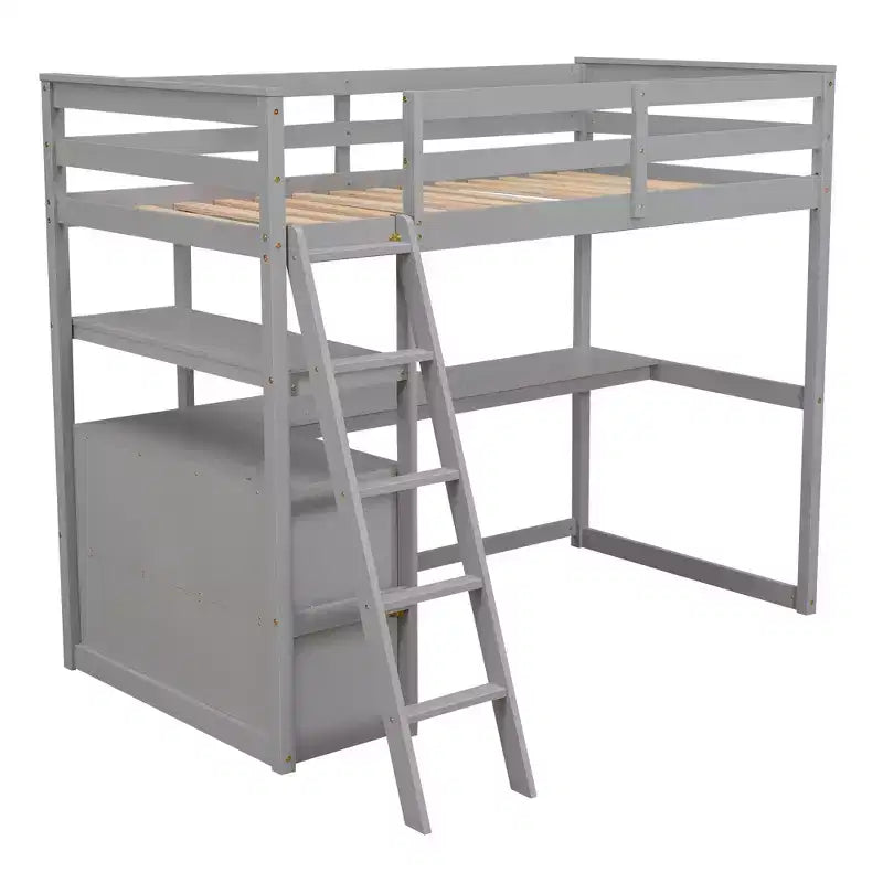 Lit mezzanine en bois Whisen 79,5''L*57,1''W avec bureau, étagères et deux tiroirs intégrés, design multifonctionnel