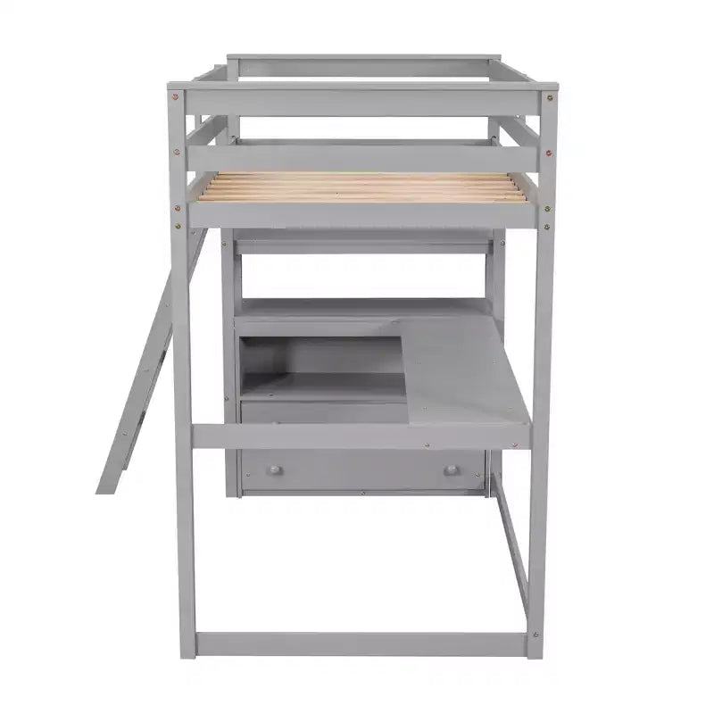 Lit mezzanine en bois Whisen 79,5''L*57,1''W avec bureau, étagères et deux tiroirs intégrés, design multifonctionnel