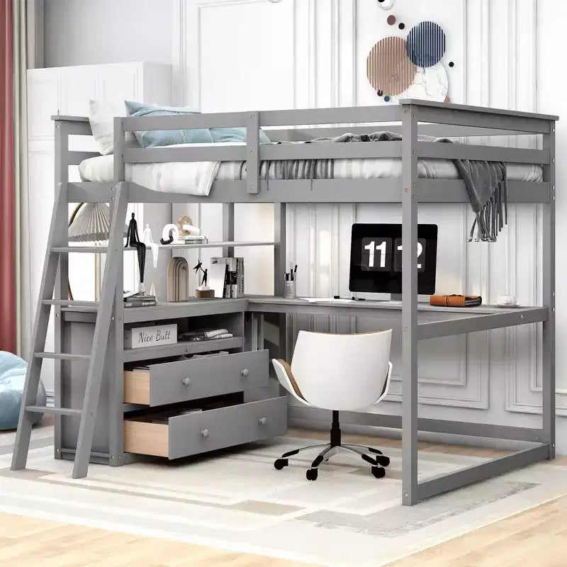 Lit mezzanine en bois Whisen 79,5''L*57,1''W avec bureau, étagères et deux tiroirs intégrés, design multifonctionnel