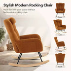Fauteuil à bascule d'intérieur moderne en tissu Teddy avec siège rembourré et dossier haut pour le salon, la chambre et la lecture confortable