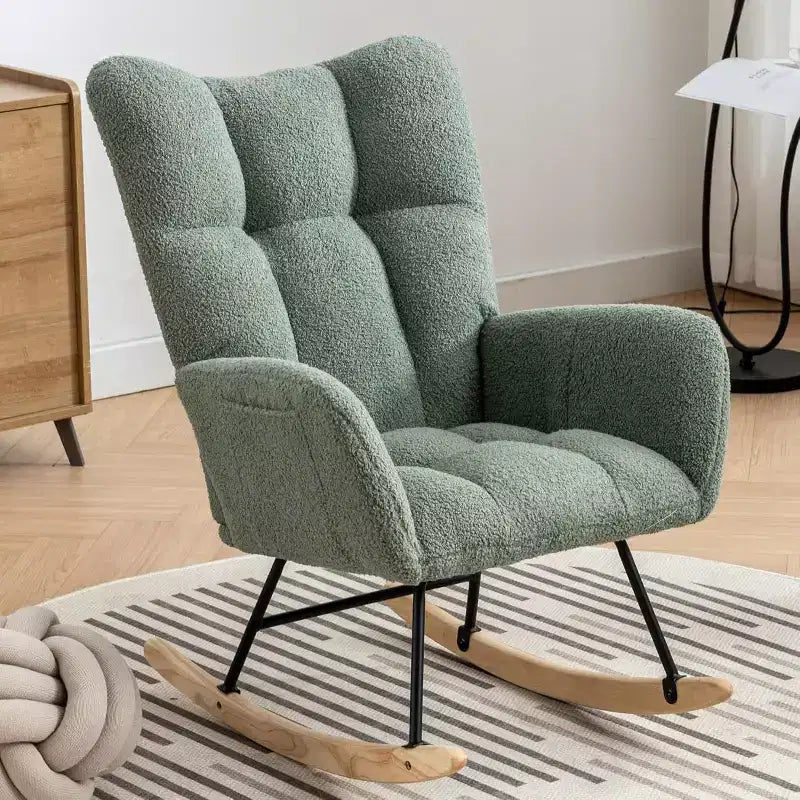 Fauteuil à bascule d'intérieur moderne en tissu Teddy avec siège rembourré et dossier haut pour le salon, la chambre et la lecture confortable