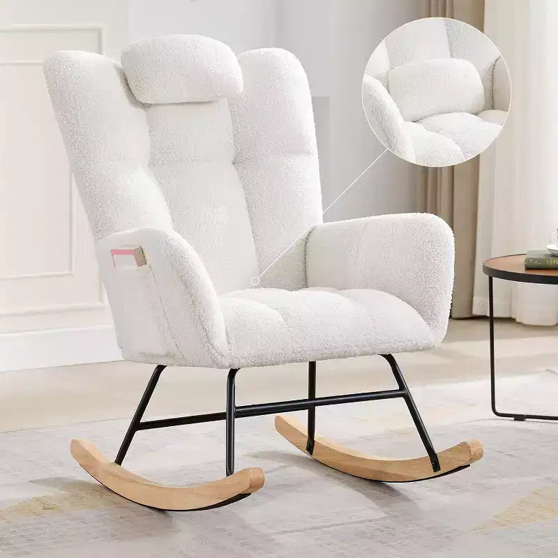 Fauteuil à bascule d'intérieur moderne en tissu Teddy avec siège rembourré et dossier haut pour le salon, la chambre et la lecture confortable
