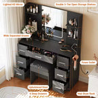 Coiffeuse avec miroir, lumières LED, prise de courant et tabouret, table de maquillage avec 7 tiroirs et 6 étagères de rangement