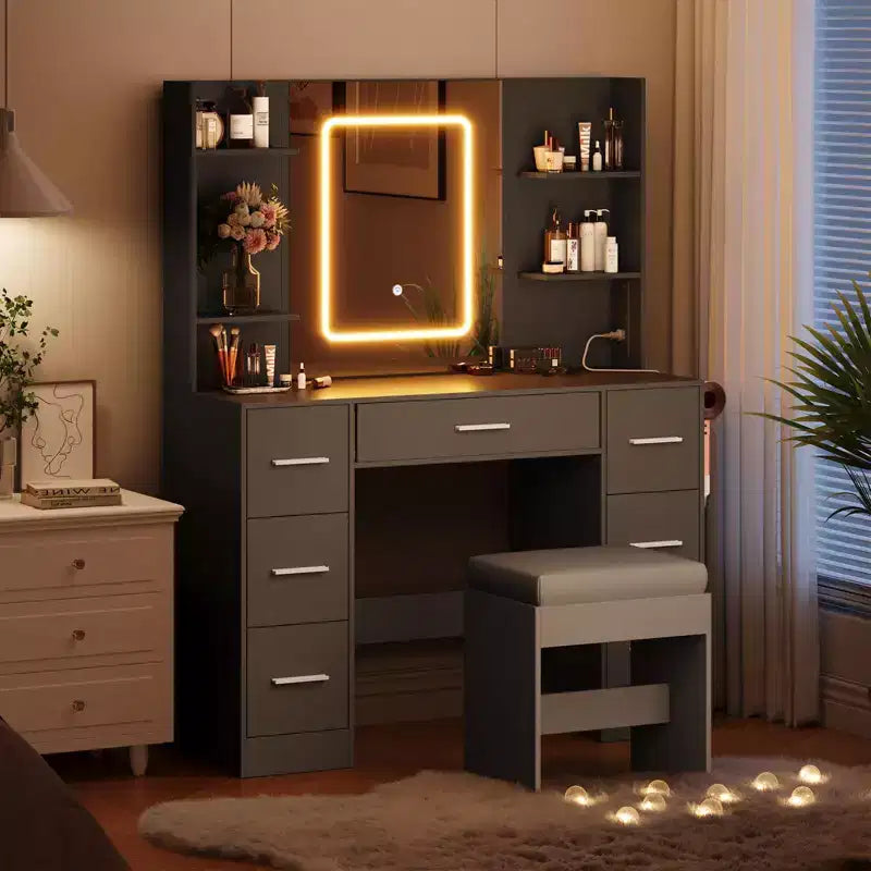 Coiffeuse avec miroir, lumières LED, prise de courant et tabouret, table de maquillage avec 7 tiroirs et 6 étagères de rangement