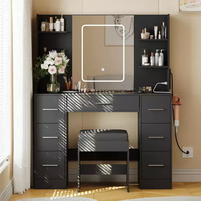 Coiffeuse avec miroir, lumières LED, prise de courant et tabouret, table de maquillage avec 7 tiroirs et 6 étagères de rangement