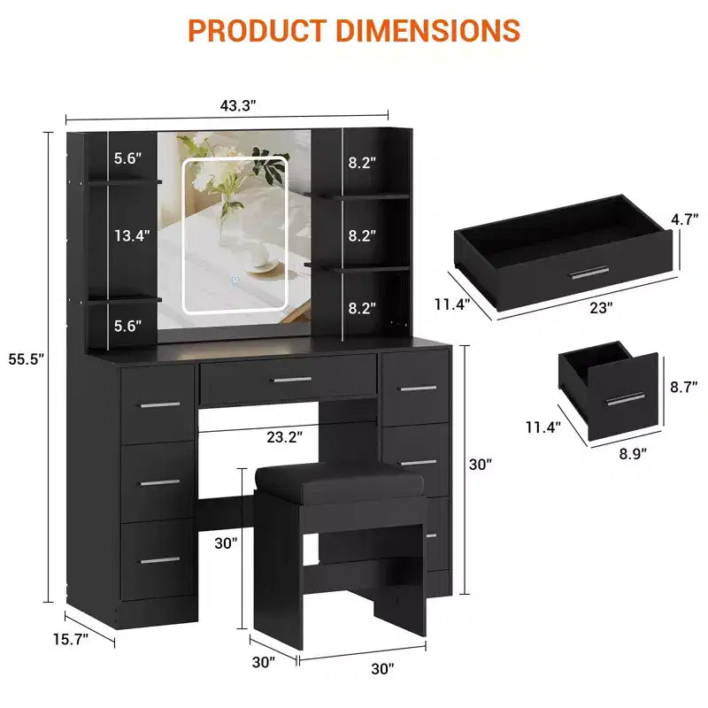 Coiffeuse avec miroir, lumières LED, prise de courant et tabouret, table de maquillage avec 7 tiroirs et 6 étagères de rangement