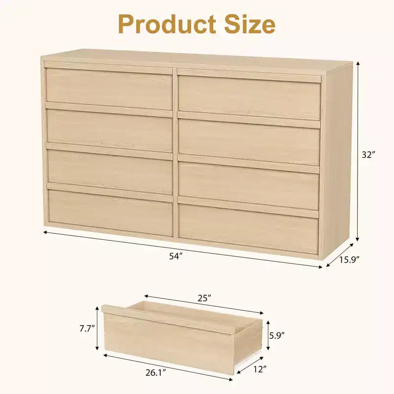 Commode Whizmax à 8 tiroirs pour chambre à coucher, commode double moderne de 54 po de large, organisateur, chiffonnier pour salon, chambre de bébé et couloir