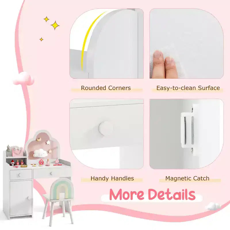 Costway Ensemble table et chaise de coiffeuse pour enfants avec miroir en forme de nuage, étagère ouverte et tiroirs de rangement Blanc/Rose/Violet