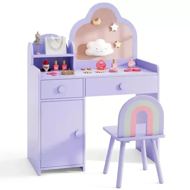 Costway Ensemble table et chaise de coiffeuse pour enfants avec miroir en forme de nuage, étagère ouverte et tiroirs de rangement Blanc/Rose/Violet