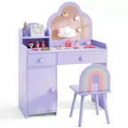 Costway Ensemble table et chaise de coiffeuse pour enfants avec miroir en forme de nuage, étagère ouverte et tiroirs de rangement Blanc/Rose/Violet