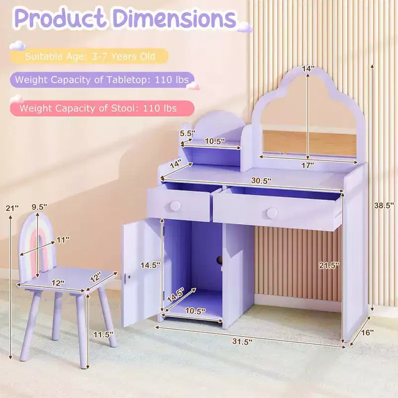 Costway Ensemble table et chaise de coiffeuse pour enfants avec miroir en forme de nuage, étagère ouverte et tiroirs de rangement Blanc/Rose/Violet