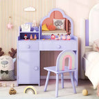 Costway Ensemble table et chaise de coiffeuse pour enfants avec miroir en forme de nuage, étagère ouverte et tiroirs de rangement Blanc/Rose/Violet